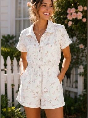 White Floral Utility Romper Shorts - Lightweight Button-Front
